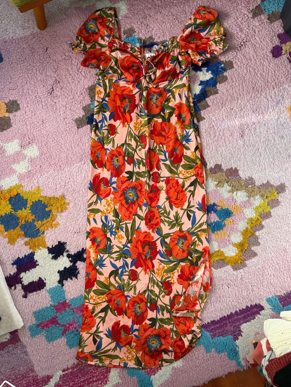 Topshop Coral & Red Floral Tie-Neck Midi Dress